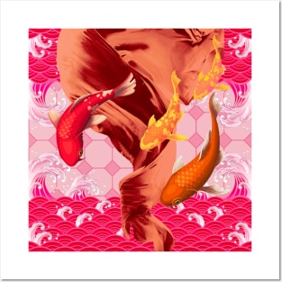 Koi Fish with an Orange and Pink Swirl Ocean- Happy Hong Kong Posters and Art